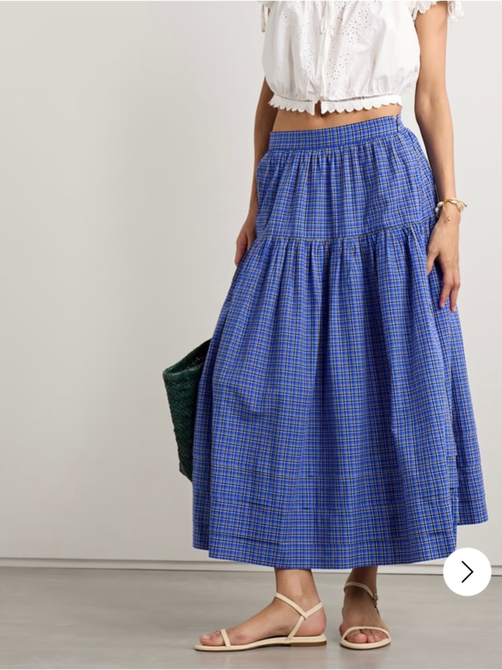 DÔEN Sebastiane Tiered Checked Voile Midi Skirt NWT in Blue Cassis Check